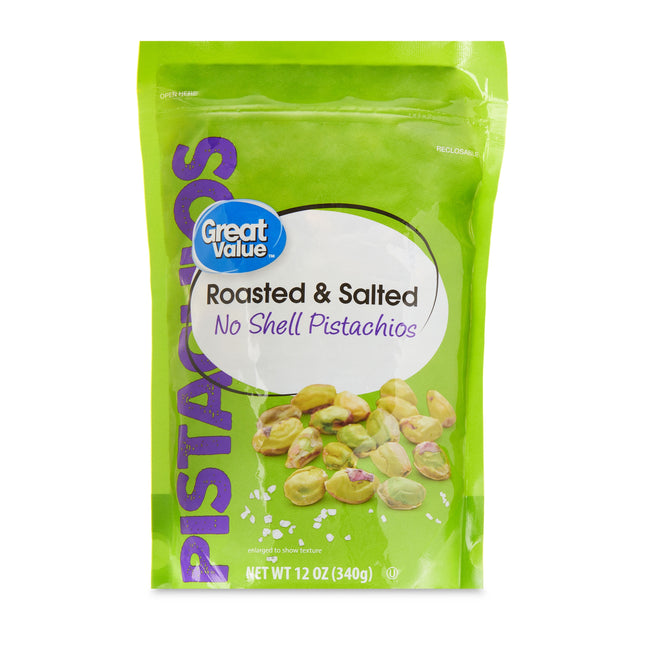 Great Value Roasted & Salted, No Shell Pistachios, 12 Oz Resealable Bag