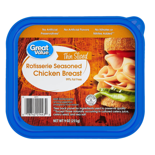 Great Value Rotisserie Chicken Lunchmeat, 9 Oz, Plastic Tub, 10G of Protein per 2Oz Serving
