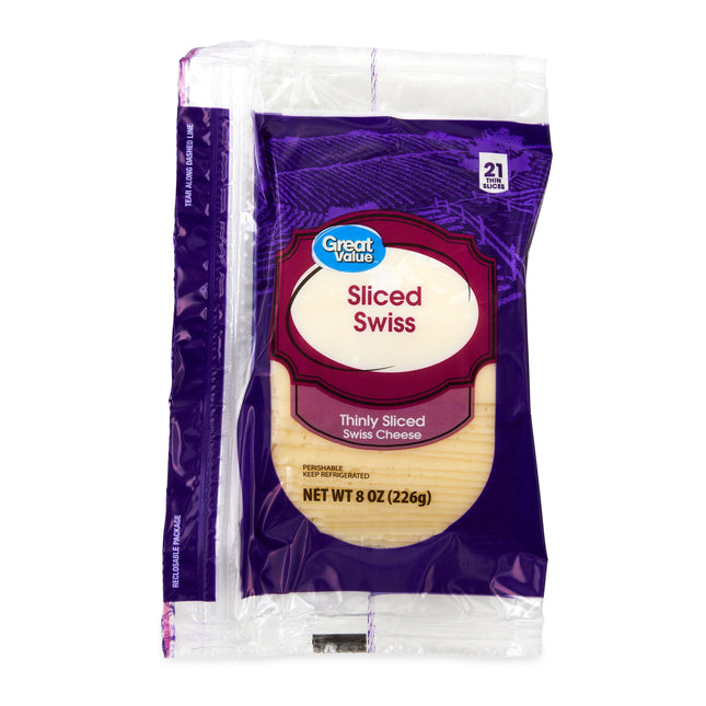 Great Value Swiss Thinly Sliced Cheese, 8 Oz Package, 21 Slices