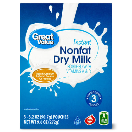 Great Value Instant Nonfat Dry Milk, 3.2 oz Pouches (3 Count), per Container