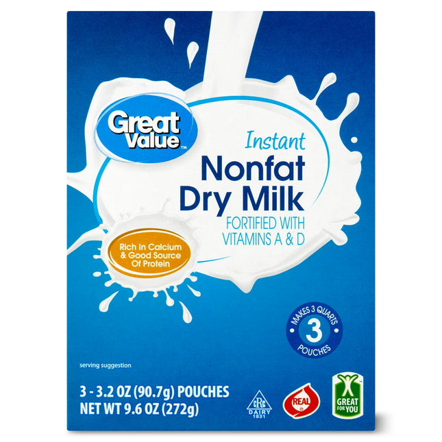Great Value Instant Nonfat Dry Milk, 3.2 oz Pouches (3 Count), per Container
