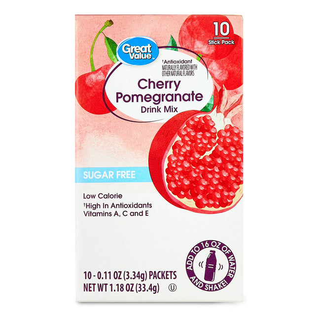 Great Value Sugar-Free Cherry Pomegranate Antioxidant Powdered Drink Mix, 0.11 Oz, 10 Count