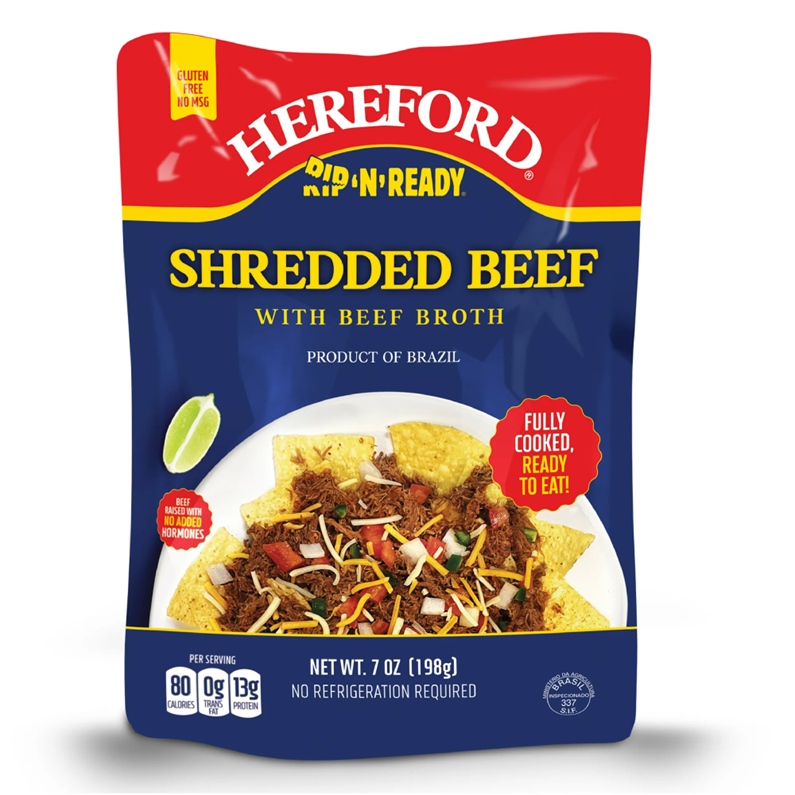 Hereford Fully Cooked Shredded Beef with Beef Broth, Shelf Stable 7 oz