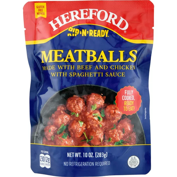 Hereford Meatballs with Spaghetti Sauce, Fully Cooked, Shelf Stable, 10 oz Pouch