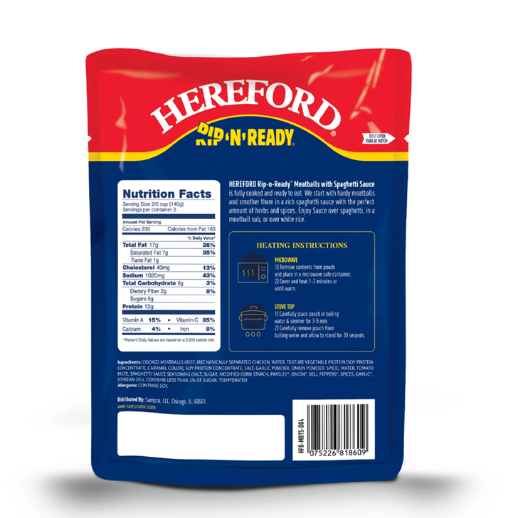 Hereford Meatballs with Spaghetti Sauce, Fully Cooked, Shelf Stable, 10 oz Pouch