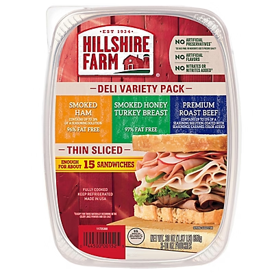 Hillshire Farm Thin Sliced Premium Lunchmeat Deli Variety Pack, 3 pk./10 oz. (Cooked Ham, honey Turkey, Roast Beef)