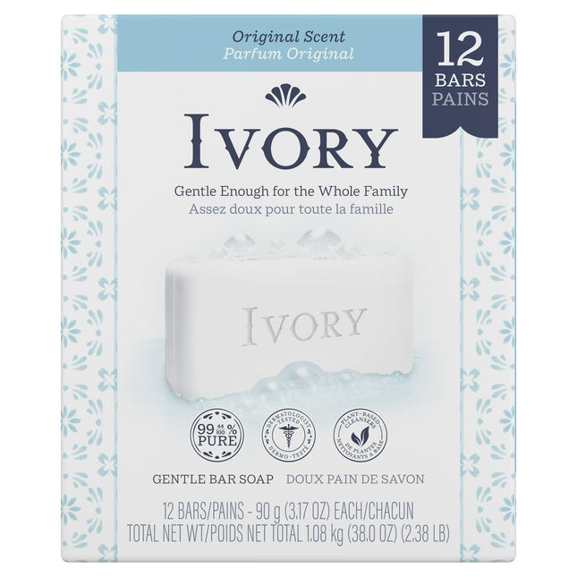Ivory Bar Soap, Original Scent, for All Skin Types, 12 Count 3.17 Oz
