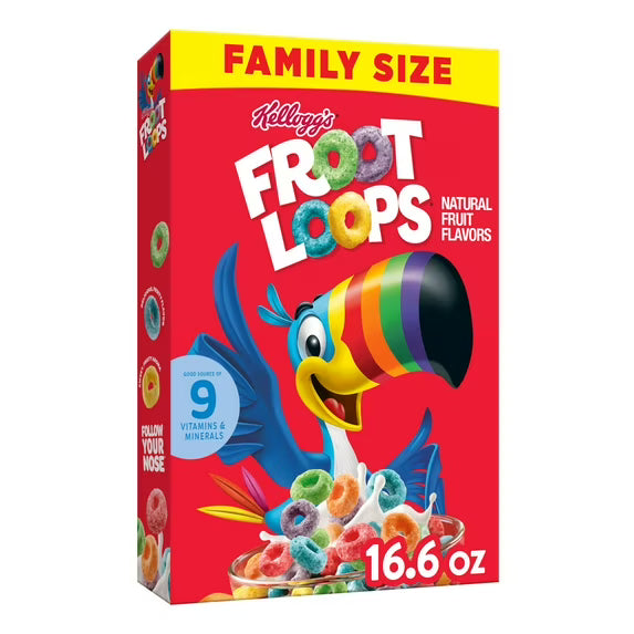Kellogg’s Froot Loops Breakfast Cerea l Whole Grain, Family Size, 16.6 ozl,