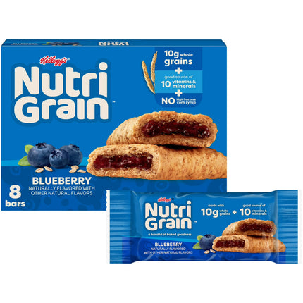 Kellogg's Nutri-Grain Blueberry Chewy Breakfast Bars, Made with 10g Whole Grains, 8.1 oz, 8 Count