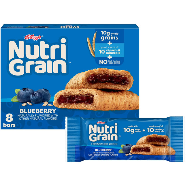 Kellogg's Nutri-Grain Blueberry Chewy Breakfast Bars, Made with 10g Whole Grains, 8.1 oz, 8 Count