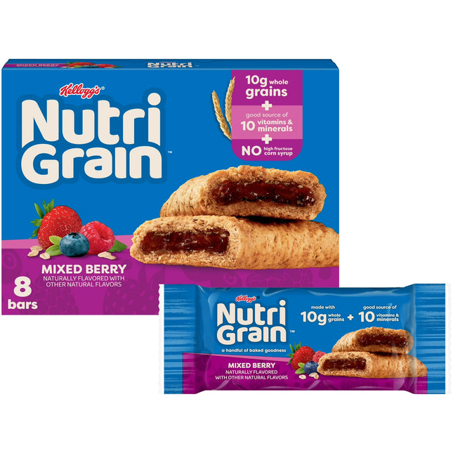 Kellogg's Nutri-Grain Mixed Berry Chewy Breakfast Bars,Whole Grains, 8.1  oz, 8 Count