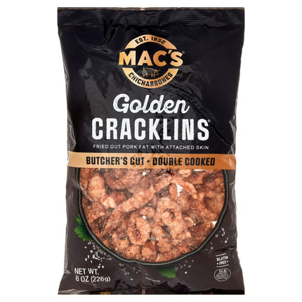 Mac's Chicharrones Golden Pork Cracklins, Fried Pork Fat with Skin, 8 oz Bag