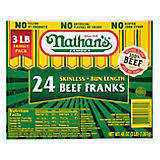 Nathan's Famous Skinless All Beef Hot Dogs, Bun Length, 24 ct.