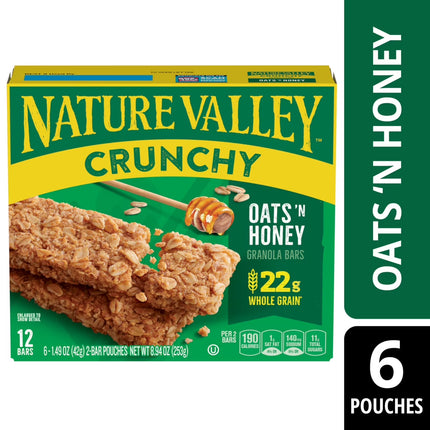 Nature Valley Crunchy Granola Bars, Oats 'N Honey, 12 Count, 8.94 Oz (6 Pouches)