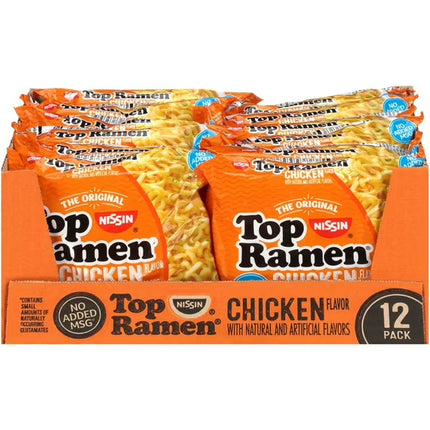 Nissin Foods Top Ramen Noodle Soup, Chicken Flavor, 3 Oz Bag, Shelf-Stable, 12-Pack