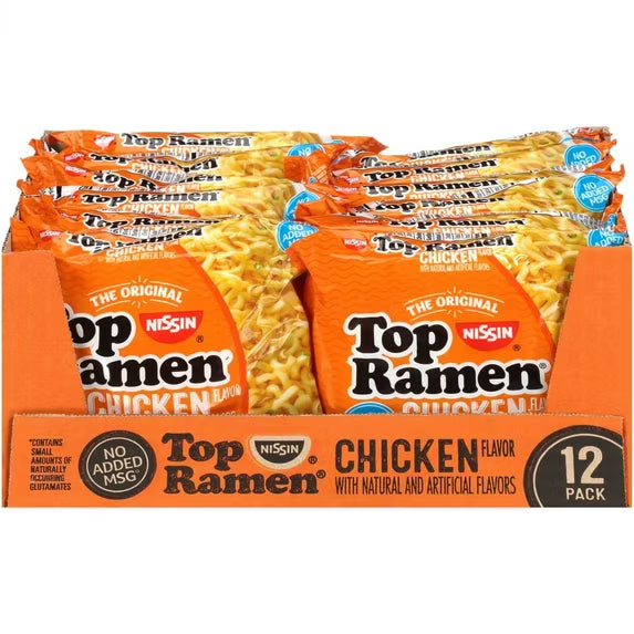 Nissin Foods Top Ramen Noodle Soup, Chicken Flavor, 3 Oz Bag, Shelf-Stable, 12-Pack