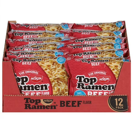 Nissin Foods Top Ramen The Original Ramen Noodle Soup, Beef Flavor, 3 oz Bag, Shelf-Stable, 12 Count