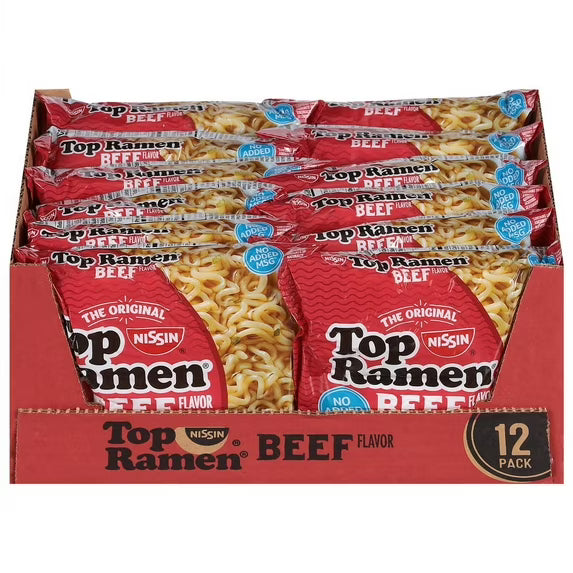 Nissin Foods Top Ramen The Original Ramen Noodle Soup, Beef Flavor, 3 oz Bag, Shelf-Stable, 12 Count
