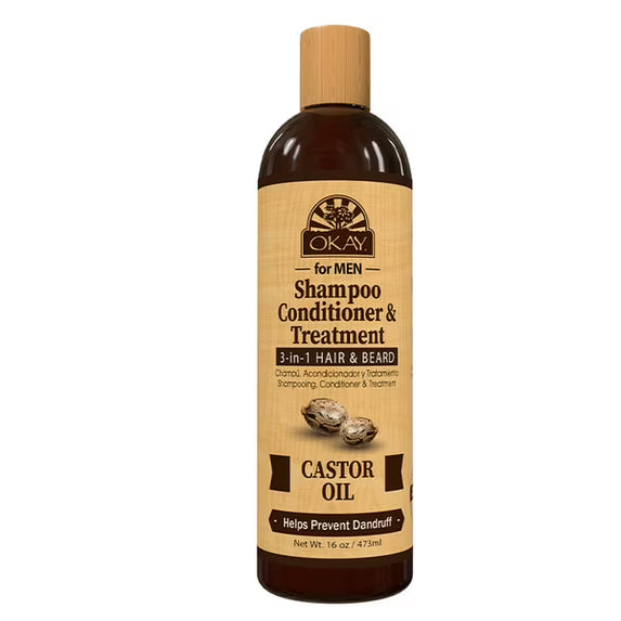 OKAY MEN Castor Oil Beard and Hair 3 in 1 Shampoo, Conditioner, Dandruff Treatment 16oz
