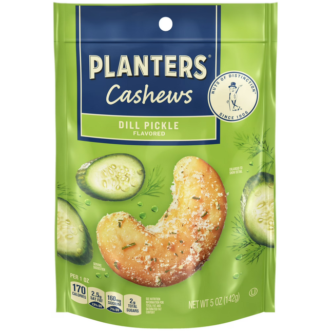 PLANTERS Whole Cashews Dill Pickle Flavored, Party Snacks, Plant Based  5 Oz Plastic Bag