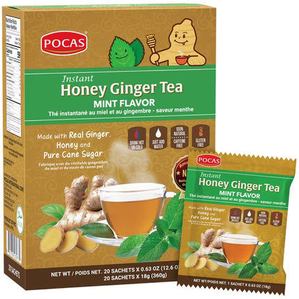 Pocas Honey Ginger Instant Tea Powder, Mint Flavor, Real Ginger Tea, 20 Packet