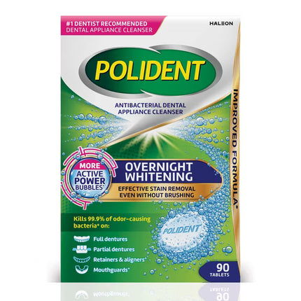 Polident Overnight Whitening Antibacterial Denture Cleanser Effervescent Tablets, 90 Count