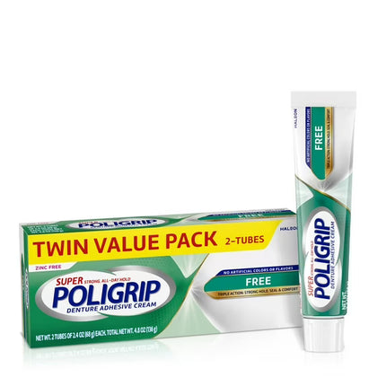 Poligrip Free Denture Adhesive Cream, Strong All-Day Hold, Food Seal, 2.4 Oz (2 Pack)