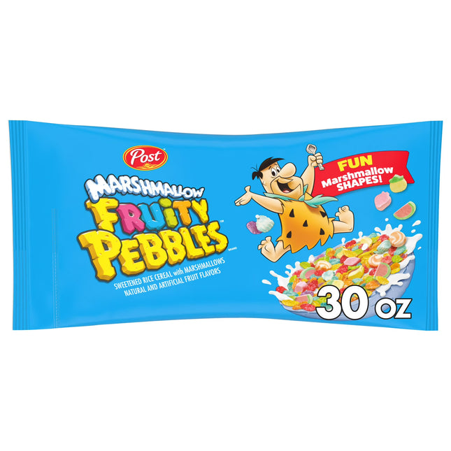 Post Fruity PEBBLES Marshmallow Cereal, Fruity Kids Cereal with Marshmallows, Crunchy 30 Oz Bag