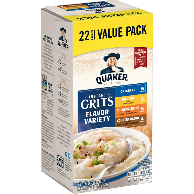 Quaker, Instant Grits Variety Pack,  Bacon, Cheddar, Btutter 22 Packets
