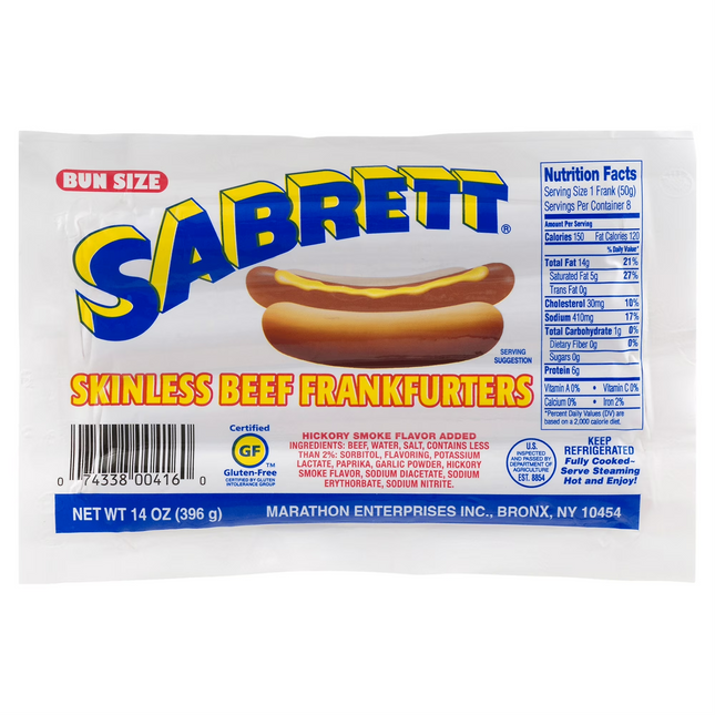 Sabrett, Skinless Beef Frankfurters, Bunsize 14 Oz, Refrigerated