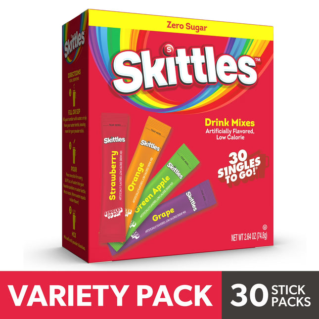 Skittles Zero Sugar Variety Pack Singles-To-Go Powdered Drink Mix, Original, 30 Count Packets