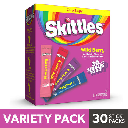 Skittles Zero Sugar Wild Berry Singles-To-Go Packs, Powdered Drink Mix, 2.88 Oz, 30 Count Packets