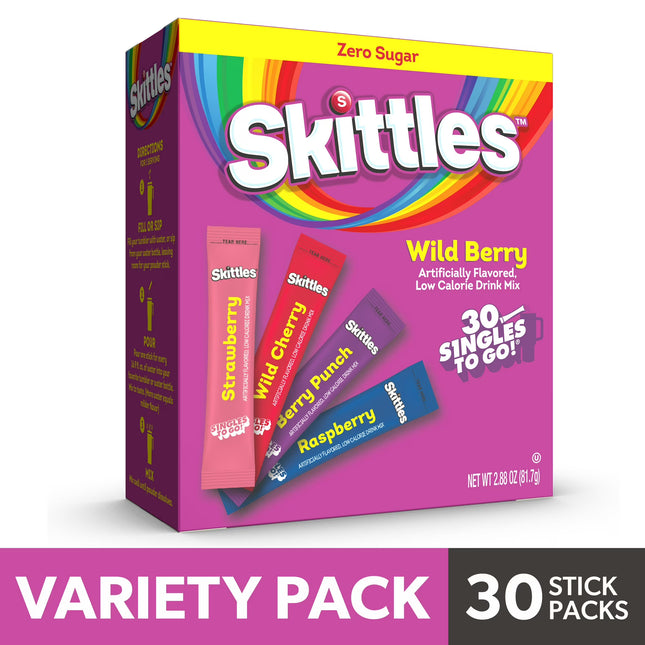 Skittles Zero Sugar Wild Berry Singles-To-Go Packs, Powdered Drink Mix, 2.88 Oz, 30 Count Packets