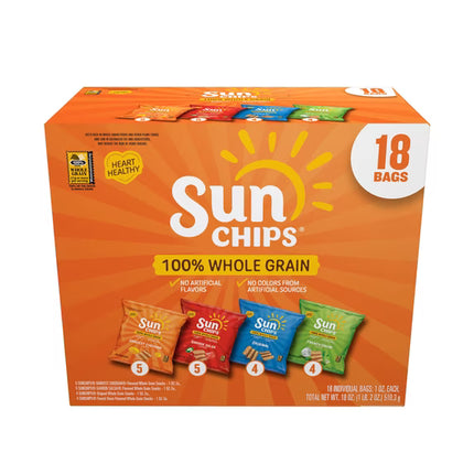 SunChips 100% Whole Grain Snacks, 4 Flavor Variety Pack, 1 oz, 18 Count