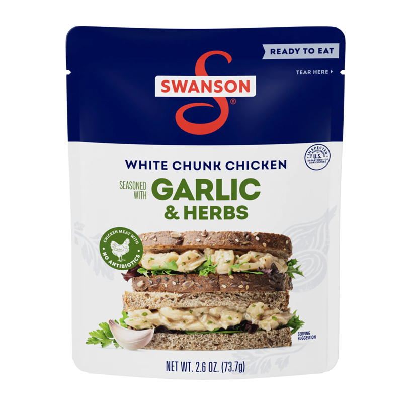 Swanson Garlic and Herbs White Chunk Fully Cooked Chicken, Ready to Eat, Simple On-the-Go Meals, 2.6 oz Pouch
