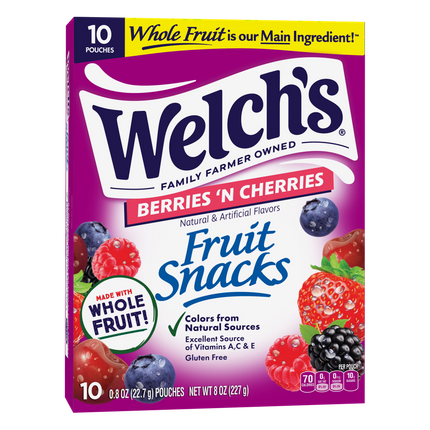 Welch's Fruit Snacks Gluten-Free Berries 'N Cherries Soft Fruit Snacks, .8 oz, 10 Count