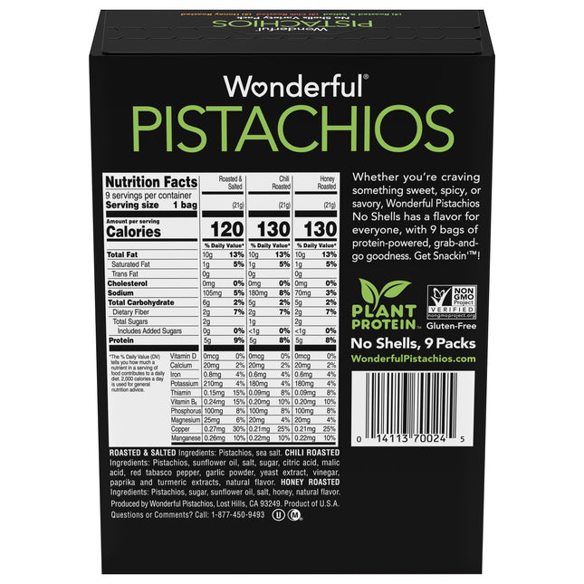 Wonderful Pistachios, No Shells Variety Pack Nuts, 0.75 Ounce Bags (Pack of 9)