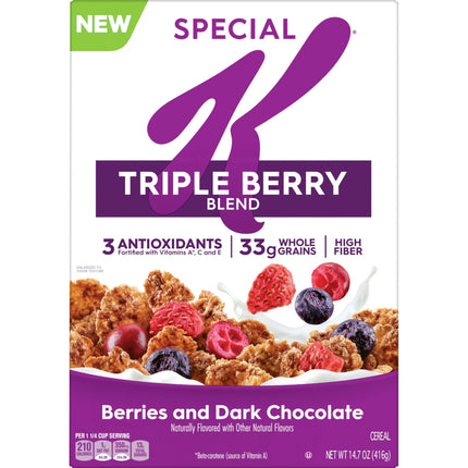 Kellogg'S Special K Triple Berry Blend Breakfast Cereal, Family Breakfast, Fiber Cereal, Berries and Dark Chocolate, 14.7Oz Box (1 Box)