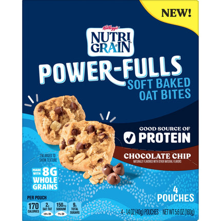 Kellogg'S Nutri-Grain Power-Fulls Chocolate Chip Chewy Soft Baked Oat Bites, Protein Snacks, 5.6 Oz, 4 Count