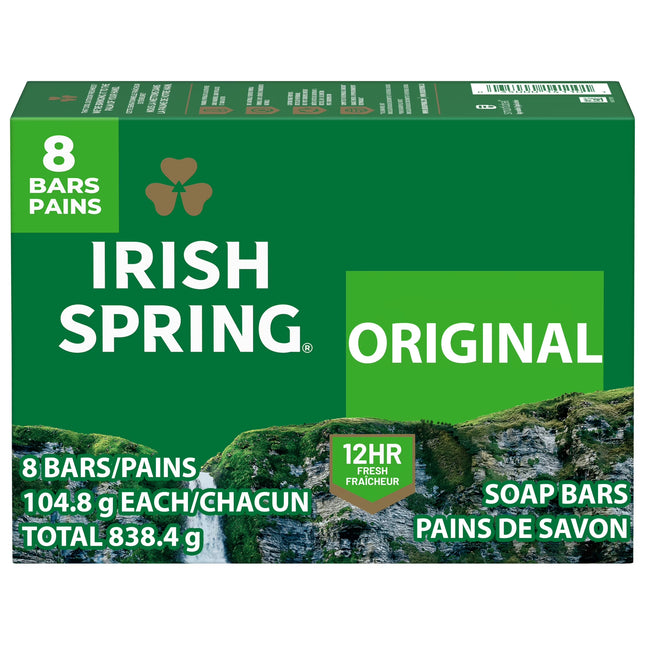 Irish Spring Original Deodorant Bar Soap for Men, with Flaxseed Oil, 3.7 Oz Bar (8 Pack)