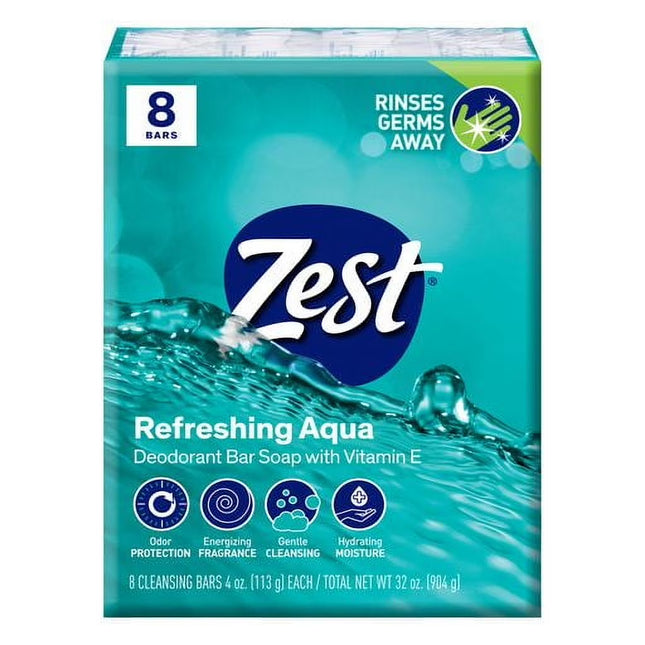 Zest Deodorant Bar Soap, Hydrating Moisture for All Skin Types, Aqua, 4 Oz, 8 Bars