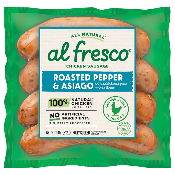 al fresco Chicken Sausage, Roasted Pepper & Asiago, All Natural  11 oz (Pork Casing)