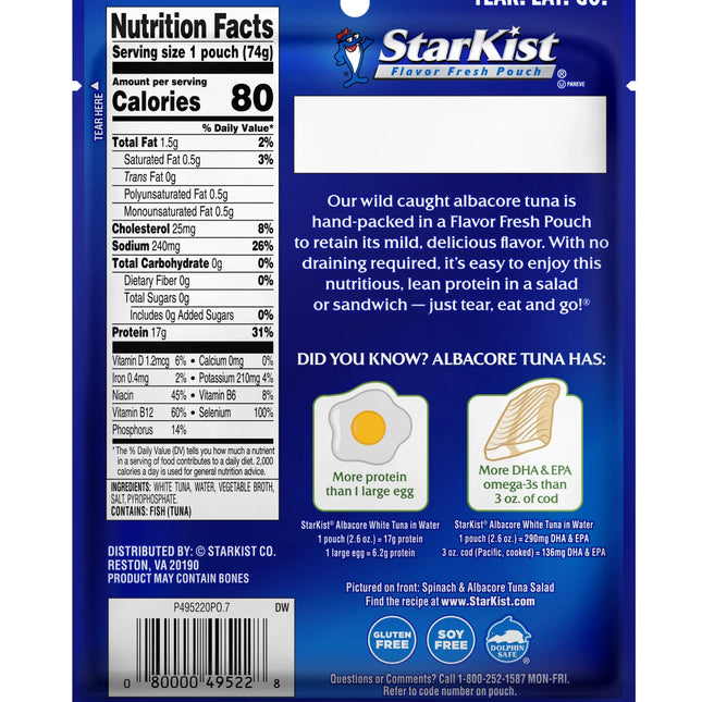 Starkist Albacore White Tuna in Water, 2.6 Oz Pouch
