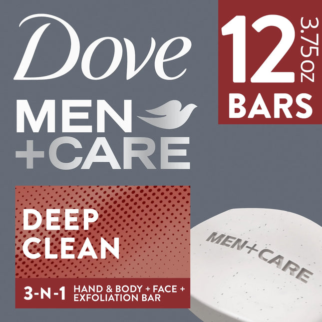 Dove Men+Care 3-In-1 Hand & Body + Face + Exfoliation Bar for Dry Skin, Deep Clean, 3.75 Oz 12 Bars