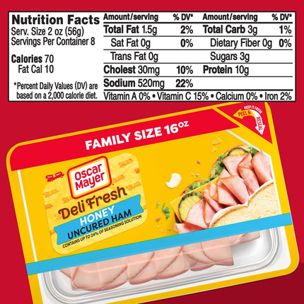Oscar Mayer Deli Fresh Honey Uncured Sliced Ham Deli Lunch Meat Family Size, 16 Oz Package