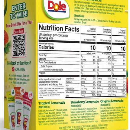 Dole Lemonade Variety Powder Mix, Tropical, Classic, & Strawberry, 30 Pack