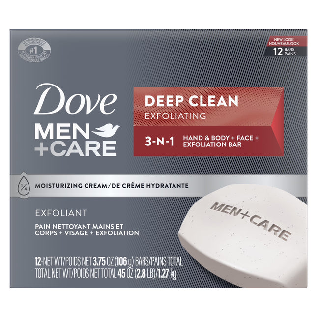 Dove Men+Care 3-In-1 Hand & Body + Face + Exfoliation Bar for Dry Skin, Deep Clean, 3.75 Oz 12 Bars