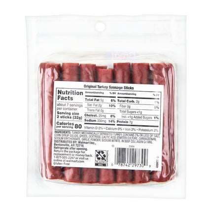 Great Value Original Fully Cooked Turkey Sausage Sticks Resealable Plastic Package, 8 Oz