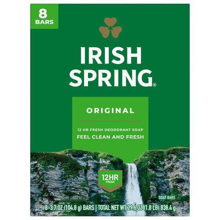 Irish Spring Original Deodorant Bar Soap for Men, with Flaxseed Oil, 3.7 Oz Bar (8 Pack)