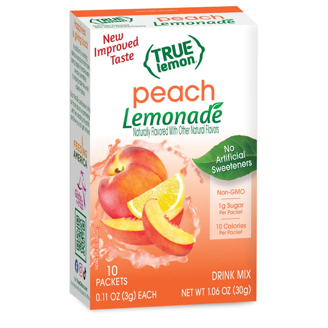 (10 Packets) True Lemon Peach Lemonade Stevia Sweetened, On-The-Go, Caffeine Free Powdered Drink Mix